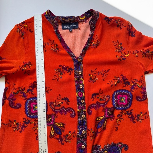 Jones New York Blouse Gold Buttons Paisley Tunic Moroccan Orange Top Shirt Sz L - Picture 7 of 16
